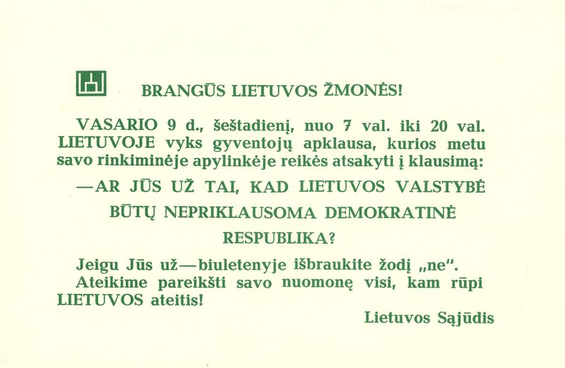 Lapelis. Brangūs Lietuvos žmonės! — Vytautas the Great War Museum. LIMIS. https://www.limis.lt/valuables/e/805446/725101379?searchId=87372520